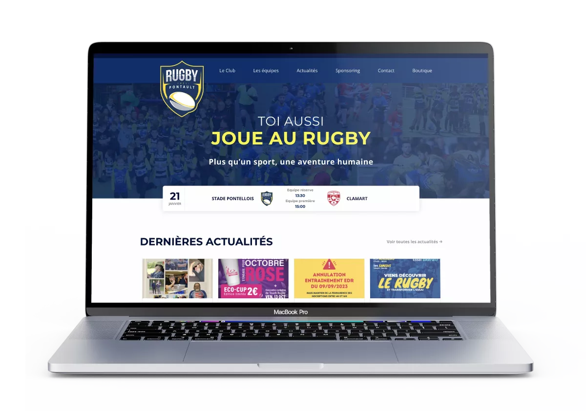 Mockup de logo du Rugby Club de Pontault-Combault appliqué sur un maillot sportif bleu, création graphique réalisée en Île-de-France
