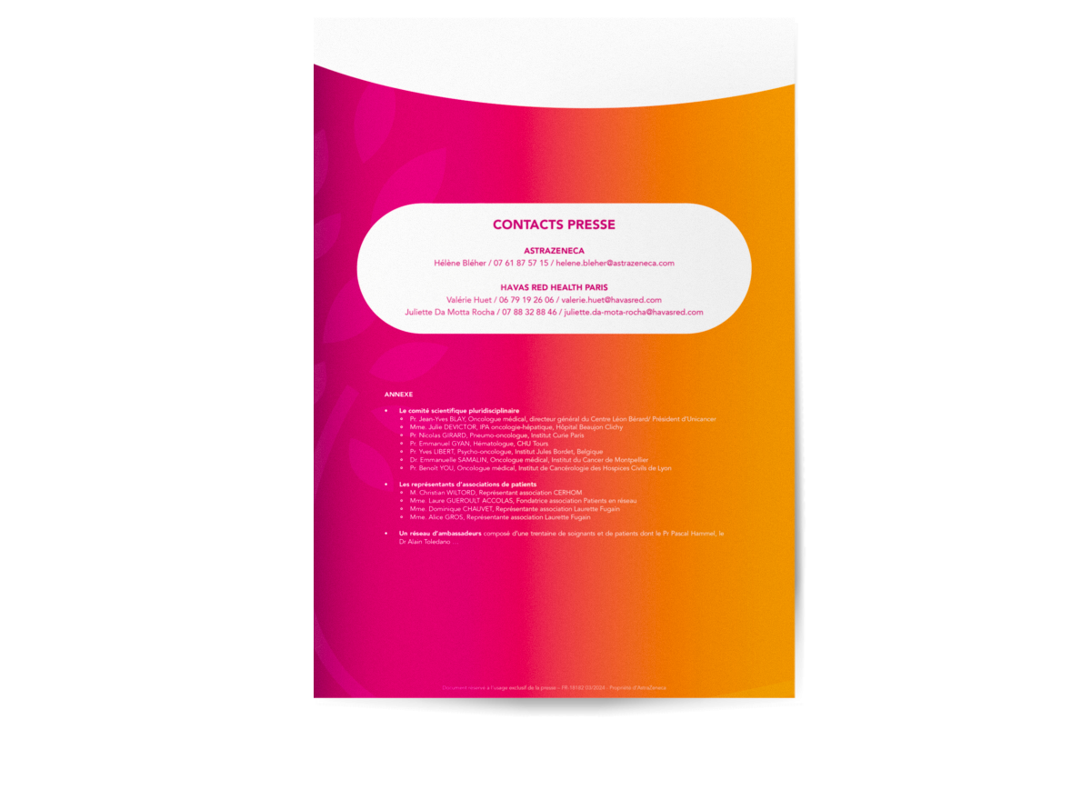 Page de contacts presse d’un communiqué de presse AstraZeneca conçue par un graphiste freelance spécialisé en communication institutionnelle à Paris et en France