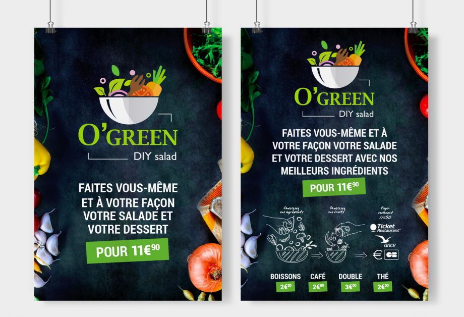 Affiche restaurant bar à salade O Green design graphique vitrine Paris Île-de-France France communication visuelle