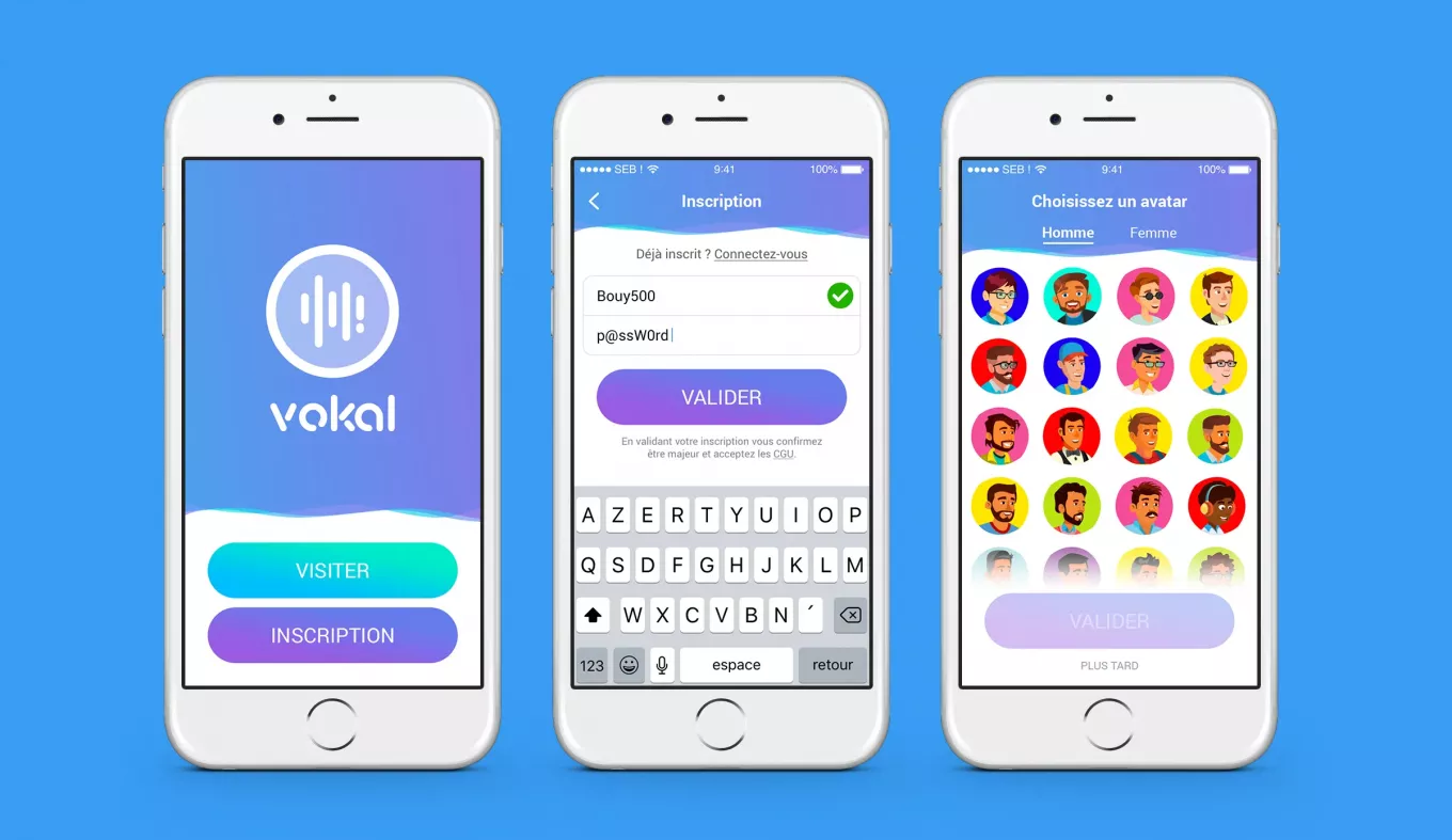 UI onboarding application mobile messagerie vocale Vokal design UX Paris Île-de-France France app social audio
