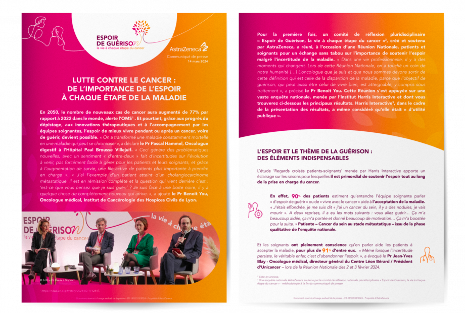 Design éditorial d’un communiqué de presse santé avec statistiques, témoignages et photographies d’experts réalisé en Île-de-France pour AstraZeneca