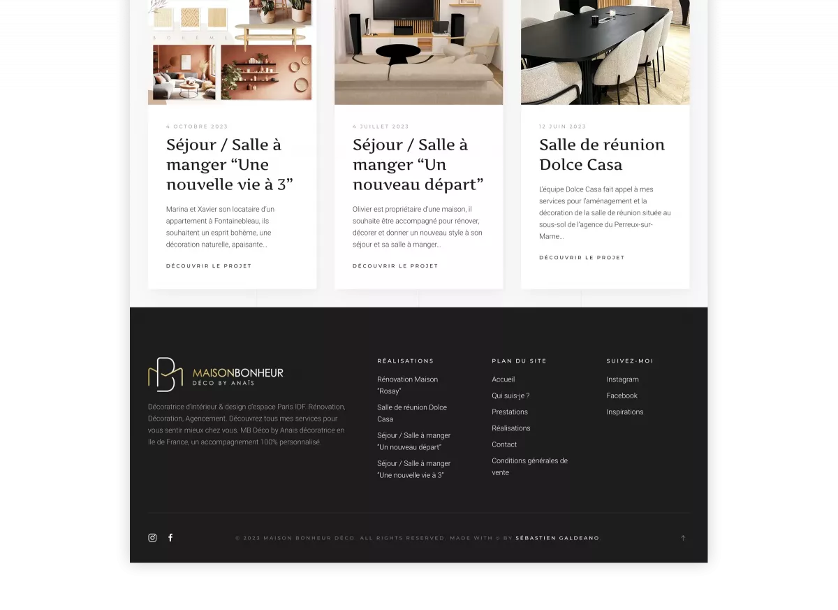 Page projet responsive de décoration d’intérieur créée par un webdesigner freelance à Paris spécialisé en UX UI et référencement SEO en France