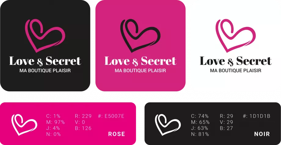 Charte graphique et déclinaisons du logo Love & Secret créées par un graphiste freelance à Paris spécialisé en création d’identité visuelle en France