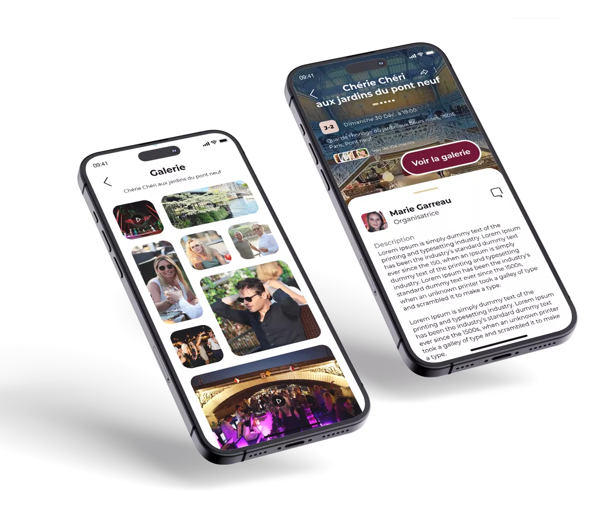 Écrans UX UI d’événements premium avec galerie photo et réservation conçus pour une application mobile en région parisienne