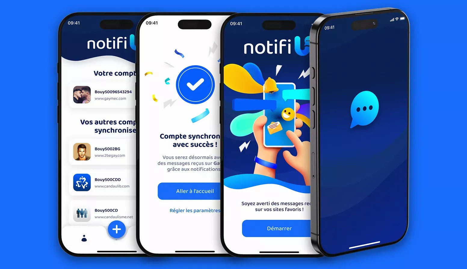 Création du logo, de l'identité visuelle, du design UX/UI et des écrans de l'application mobile Notifi U
