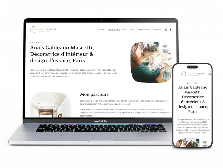 Page de présentation responsive pour décoratrice d’intérieur créée par un webdesigner freelance à Paris spécialisé en création de sites internet