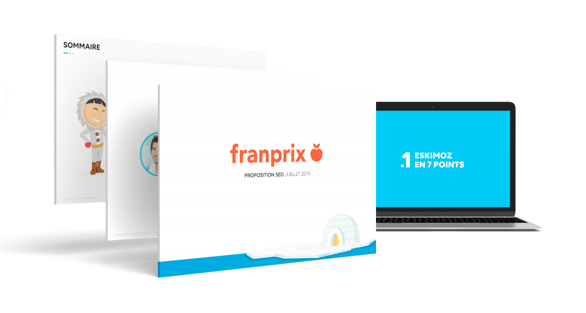 Présentation PowerPoint SEO Eskimoz sur ordinateur design slide réunion client graphiste freelance Paris France