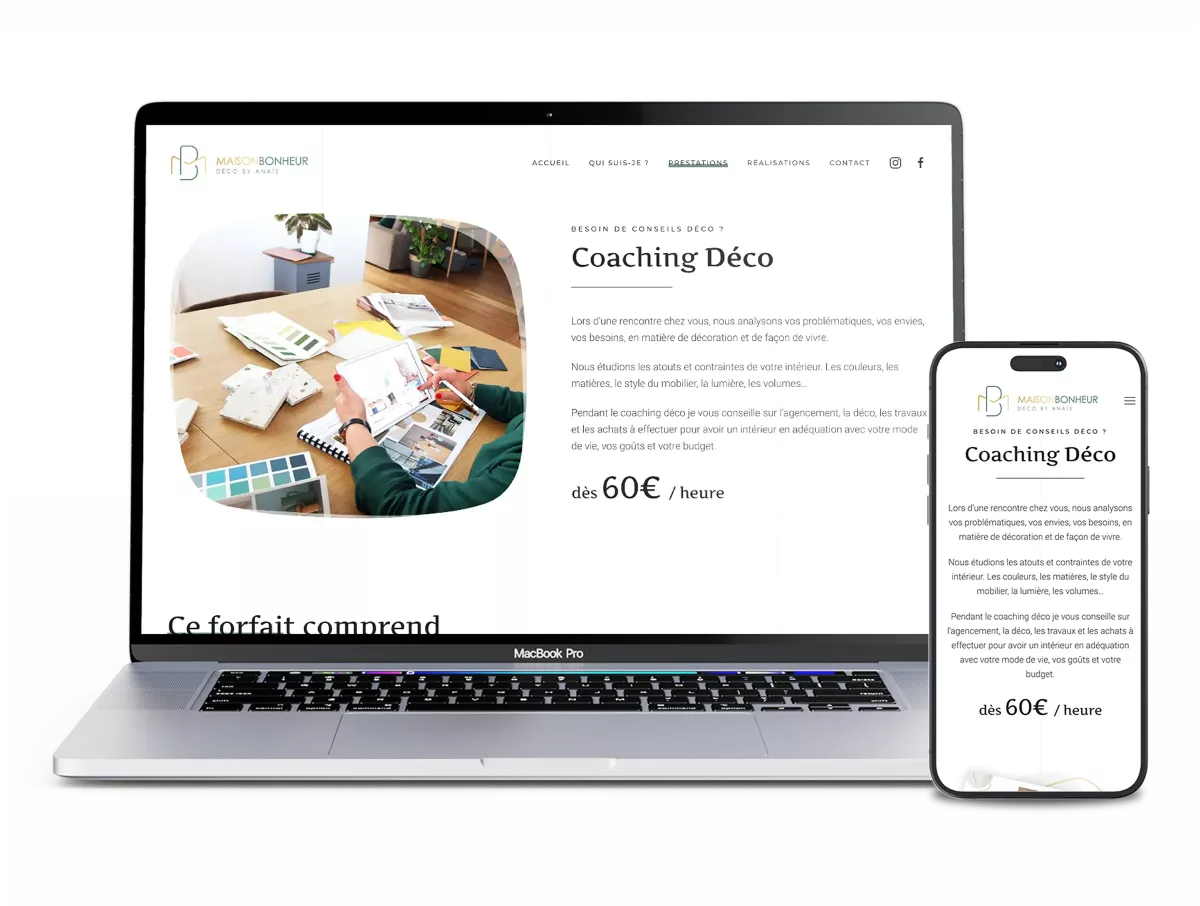 Création de page coaching déco responsive par un webdesigner freelance à Paris spécialisé en site internet pour décoratrice d’intérieur