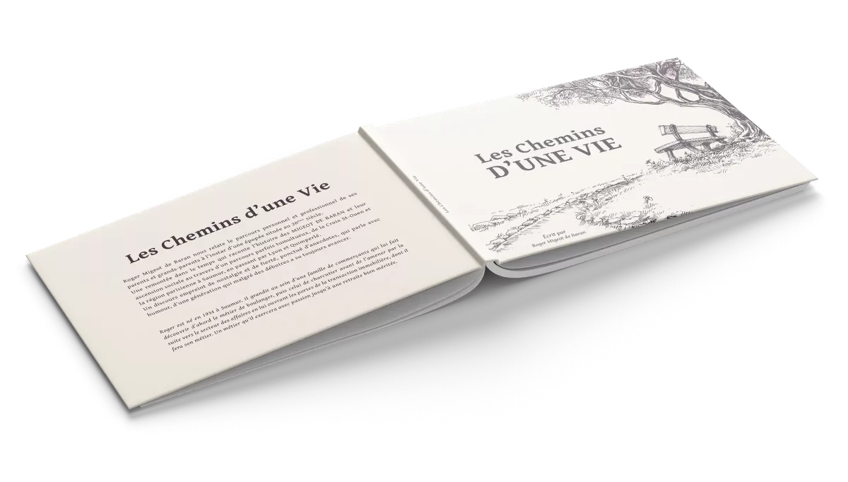 Livre biographique personnalisé avec couverture et mise en page professionnelle conçu par un graphiste éditorial à Paris et en Île-de-France