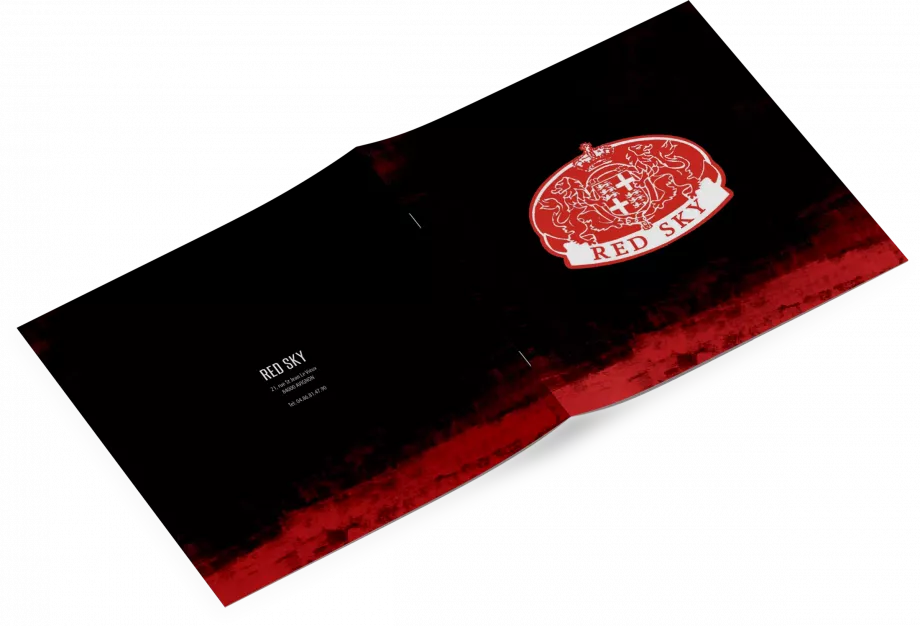 Intérieur carte bar design menu Red Sky Avignon mise en page élégante graphique France création print