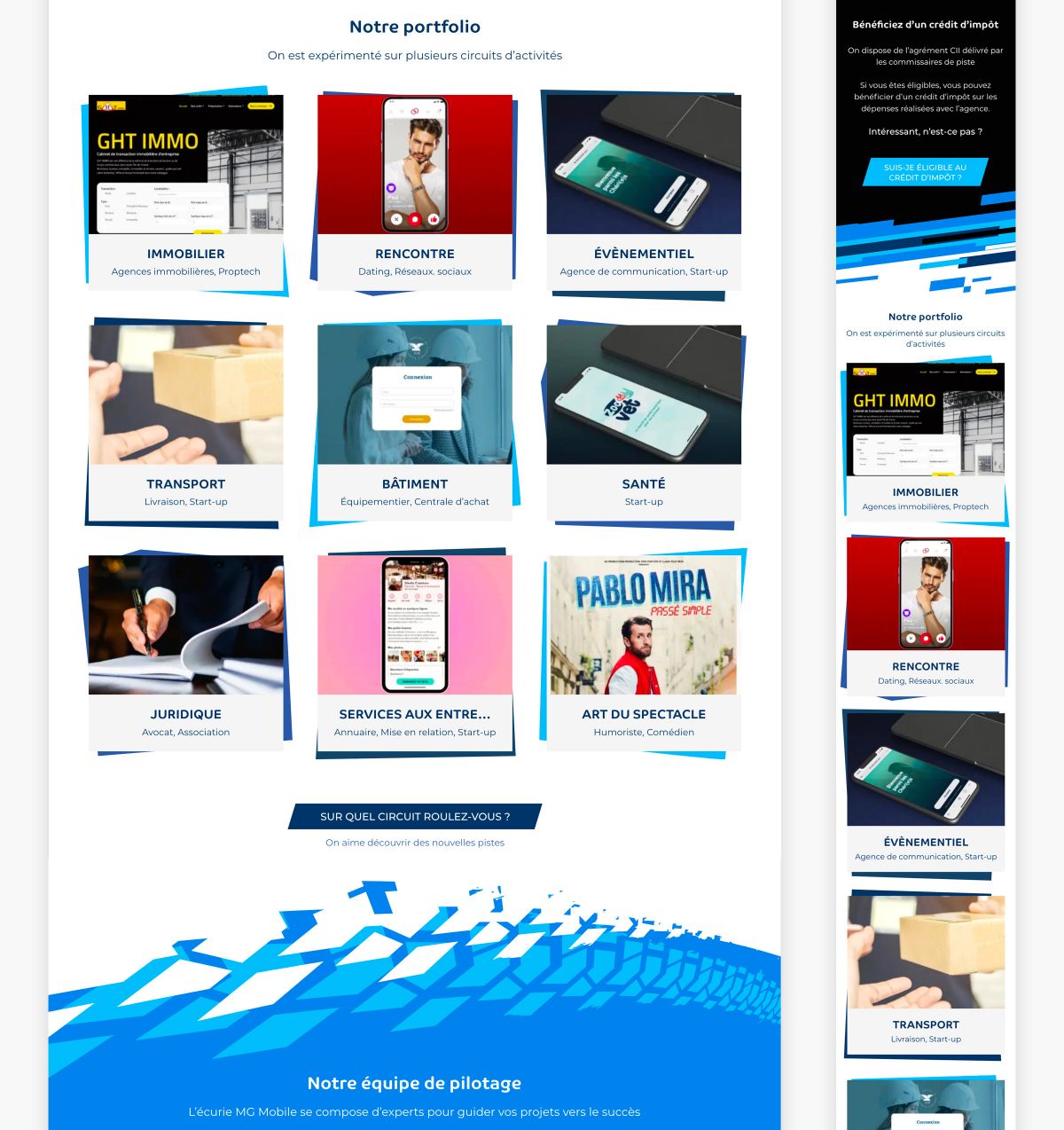 Maquette complète du site web responsive MG Mobile conçue par un designer UX UI à Paris spécialisé dans la création de sites internet professionnels