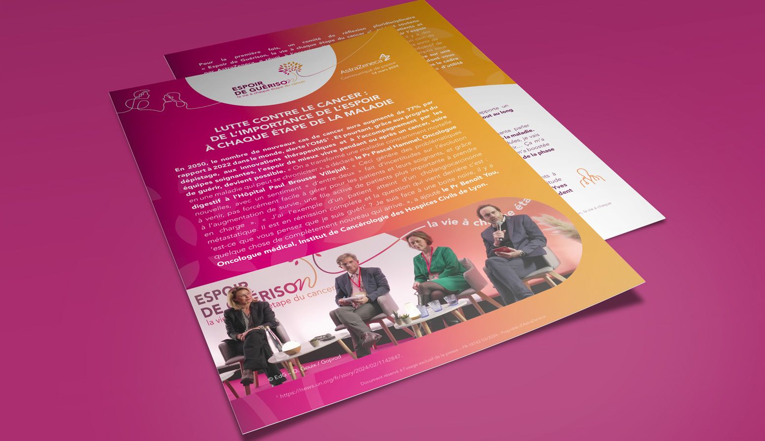 Création d’un communiqué de presse AstraZeneca sur le cancer avec couverture éditoriale et design graphique réalisé par un graphiste freelance à Paris, Île-de-France