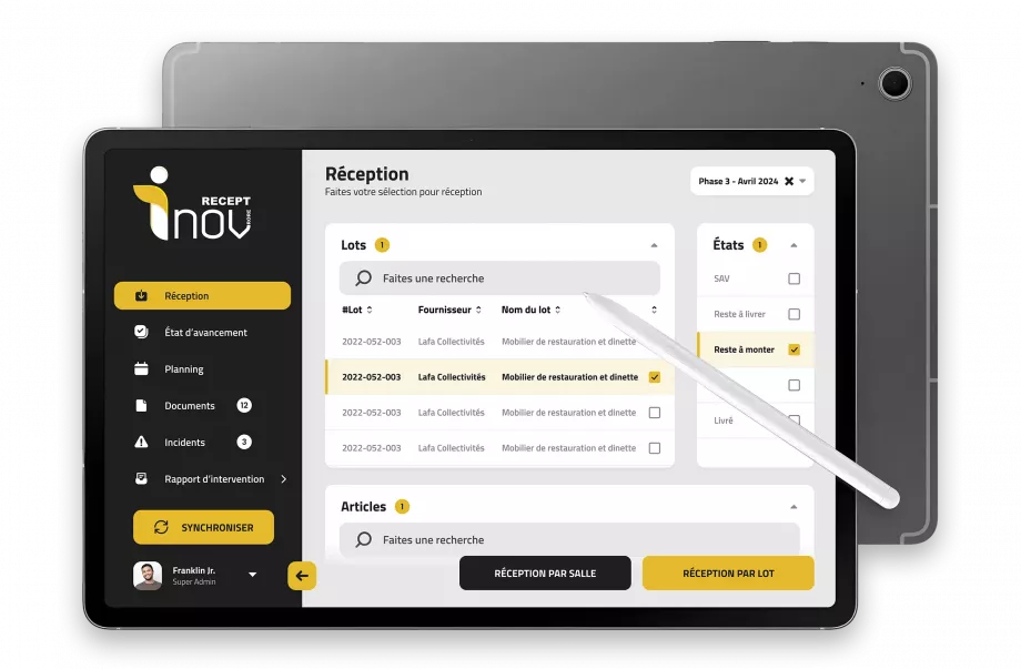 Interface UX UI de réception de mobilier sur tablette créée par un designer freelance à Paris spécialisé en logiciels métiers et applications professionnelles