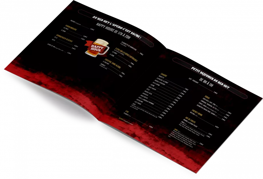 Carte boissons bar Avignon happy hour menu design graphique lisibilité nuit Red Sky création France