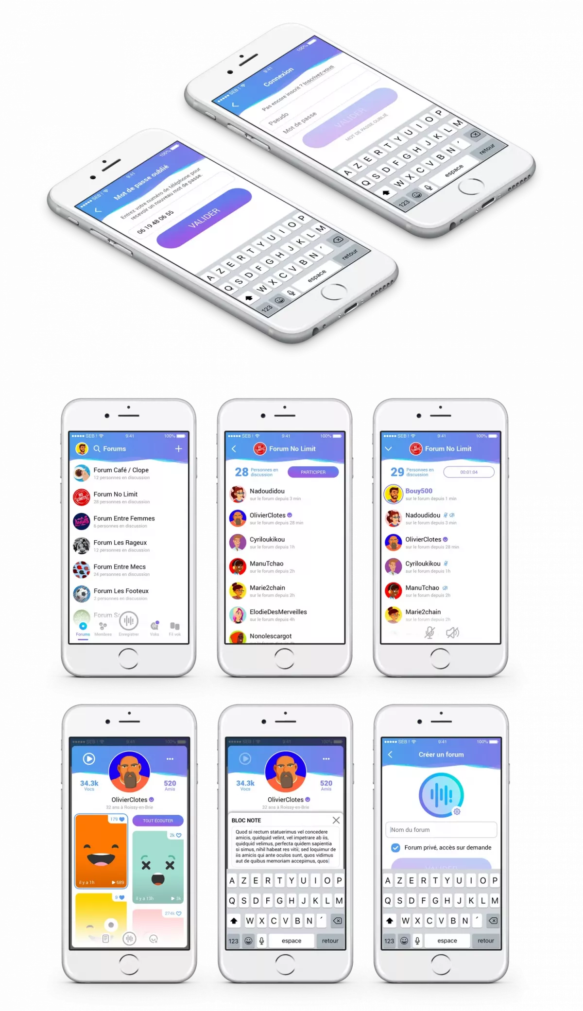 Écrans connexion application mobile UX UI design Paris app messagerie vocale Vokal Île-de-France France
