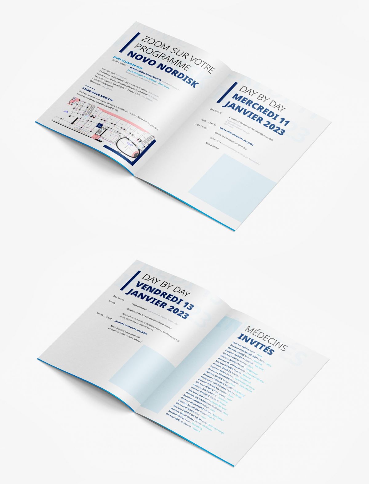 Mise en page du programme d’un congrès scientifique Novo Nordisk réalisée par un graphiste freelance à Paris spécialisé en édition, communication médicale et design de documents institutionnels