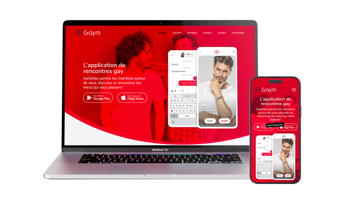 Création de la page d’accueil responsive du site internet de l’application de rencontre Gaym réalisée par un webdesigner freelance à Paris en Île-de-France spécialisé en UX UI design et création de sites web