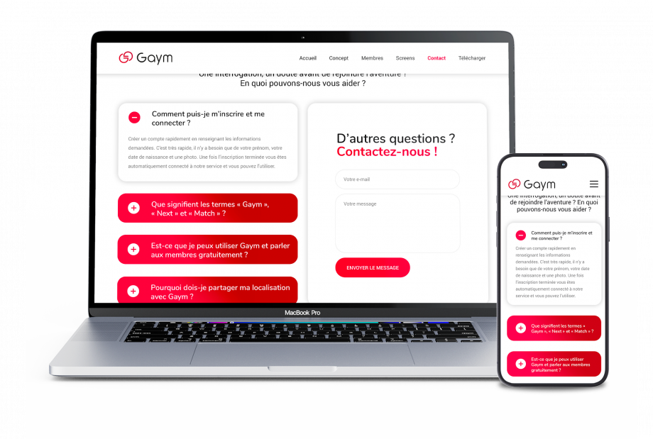 Page FAQ et formulaire de contact du site internet Gaym affichés sur ordinateur et smartphone, conception UX/UI responsive réalisée par un webdesigner freelance à Paris en Île-de-France pour une application de rencontre mobile