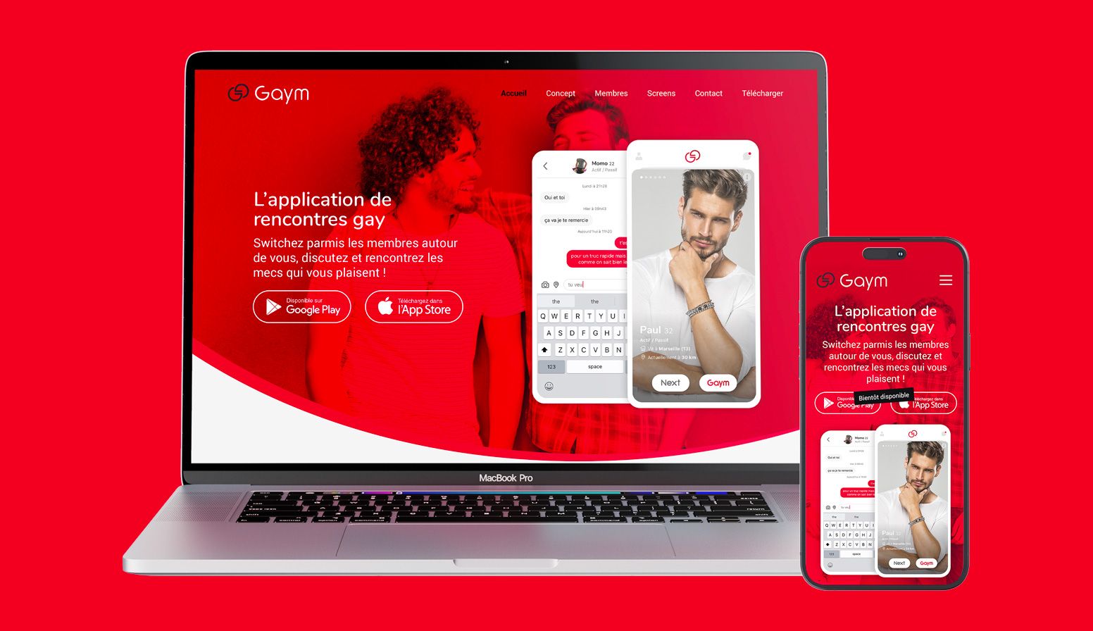 Création de la page d’accueil responsive du site internet de l’application de rencontre Gaym réalisée par un webdesigner freelance à Paris en Île-de-France spécialisé en UX UI design et création de sites web