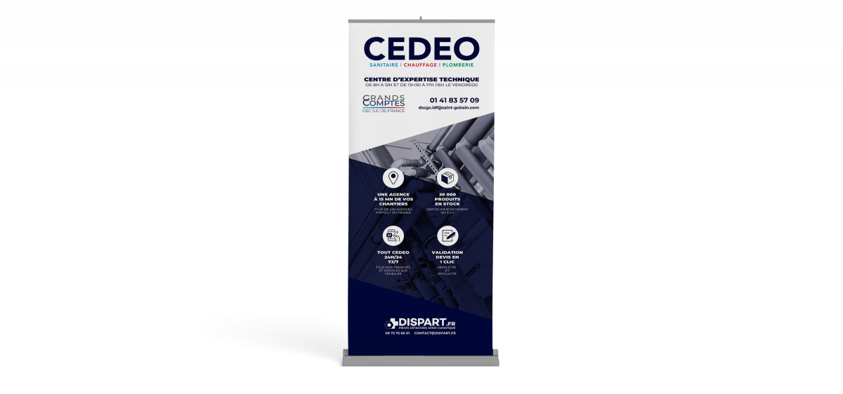 Kakémono professionnel CEDEO conçu par un graphiste freelance en Île-de-France, support de communication grand format pour salon professionnel et événement B2B