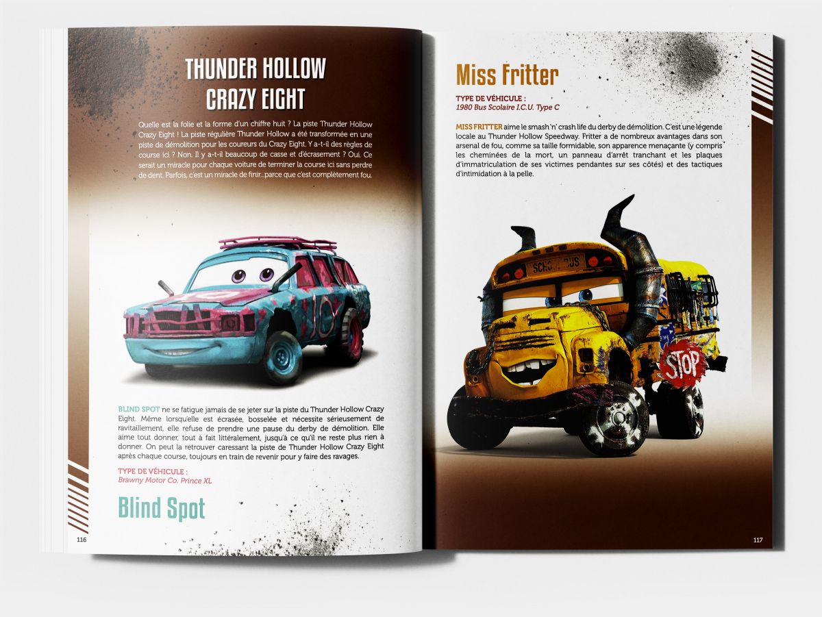 Double page livre Cars Miss Fritter design éditorial textures effets graphiques Paris Île-de-France France
