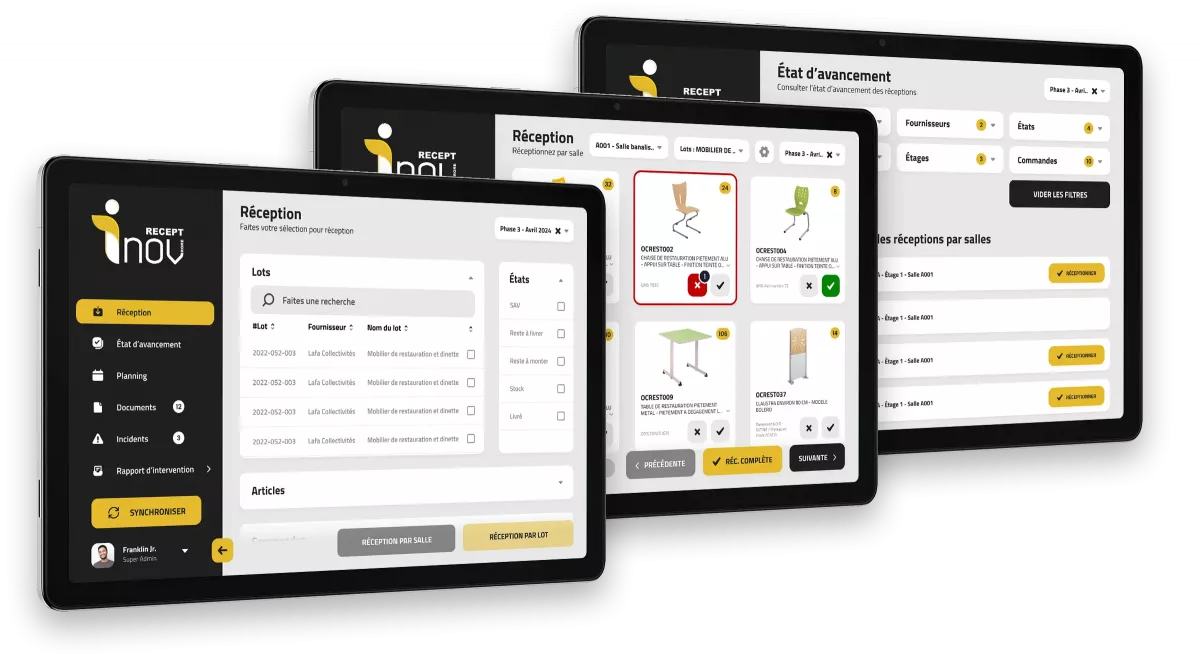 Création UI/UX d'une application tablette de gestion des réceptions de mobilier pour Rore : design d'interface métier ergonomique