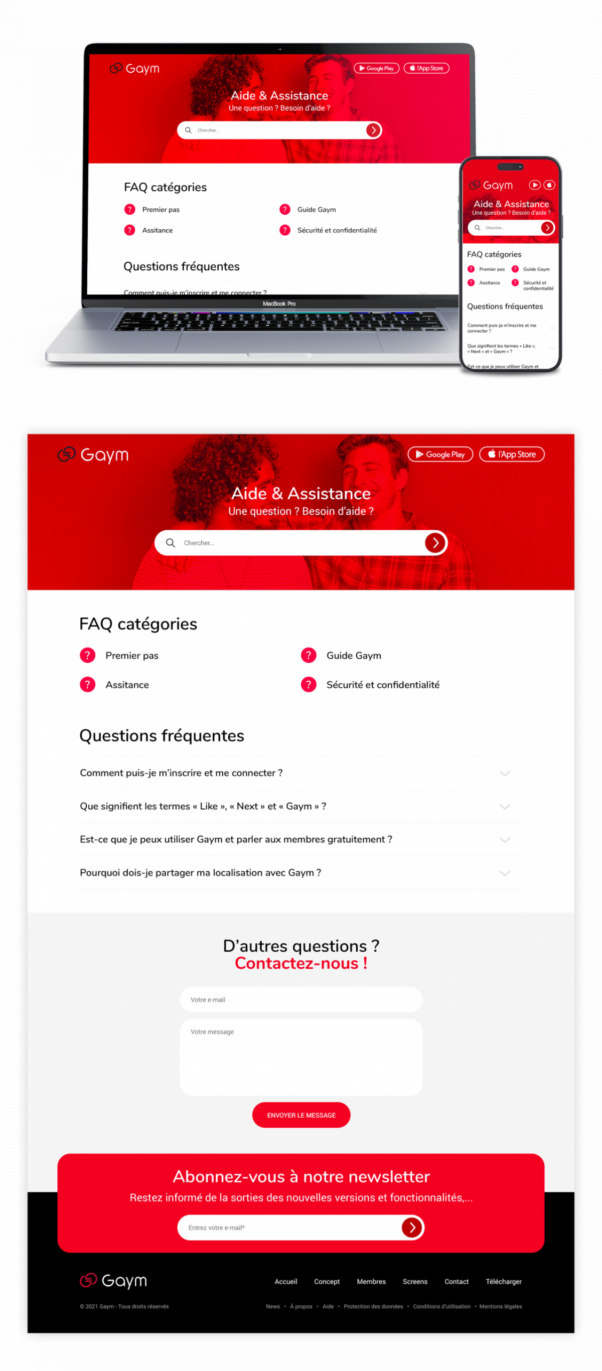 Centre d’aide en ligne et base de connaissances du site Gaym avec FAQ, moteur de recherche et catégories d’assistance, design UX/UI responsive créé par un designer web freelance à Paris en Île-de-France pour une application de rencontre