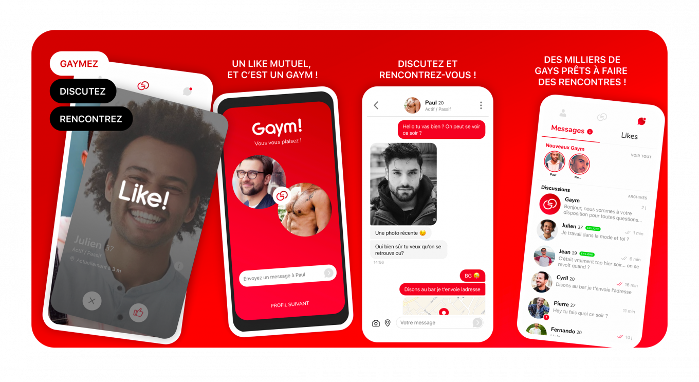Concept UX et design UI de l’application mobile Gaym réalisé par un designer UX/UI freelance à Paris en Île-de-France pour application de rencontre mobile