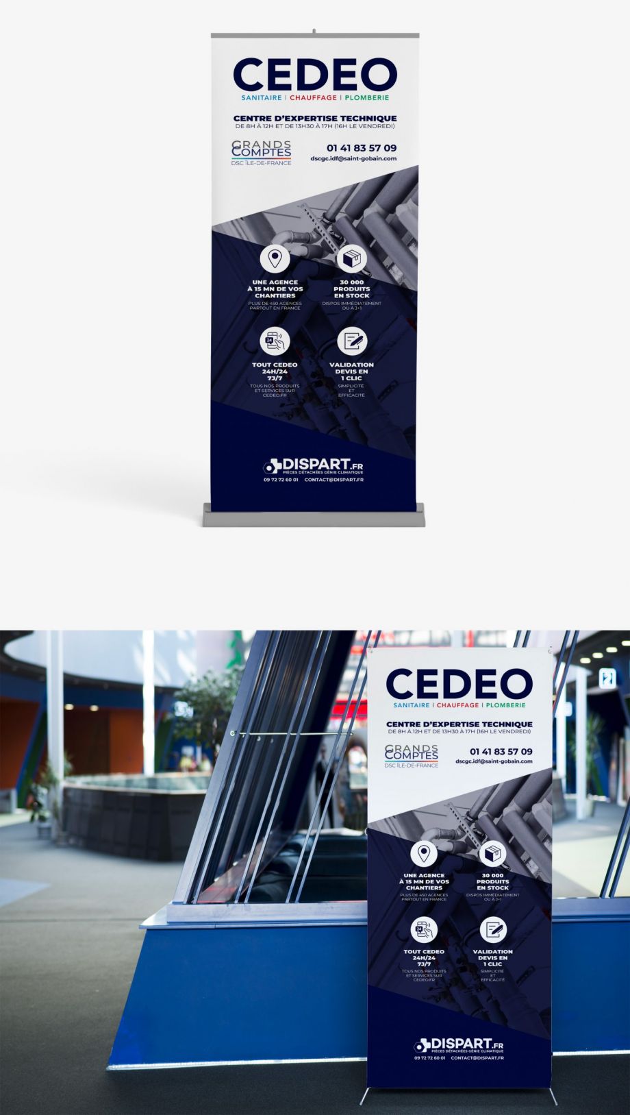 Kakémono professionnel CEDEO conçu par un graphiste freelance en Île-de-France, support de communication grand format pour salon professionnel et événement B2B