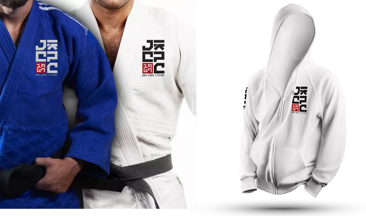 Logo JCPC appliqué sur kimono et sweat de judo créé par un graphiste sportif en Île-de-France pour le Judo Club Pontault-Combault
