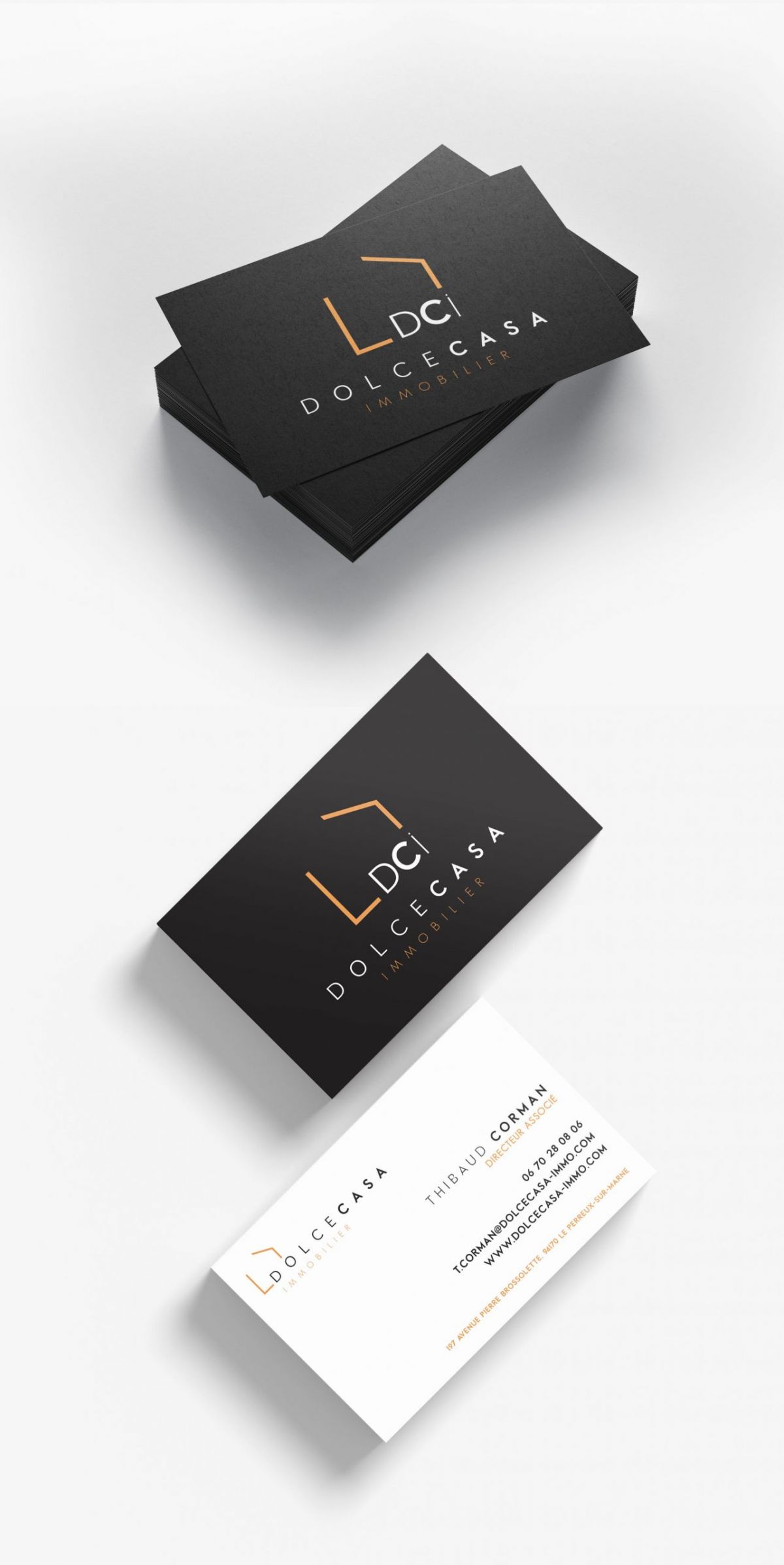 Carte de visite agence immobilière design premium noir orange création graphique Paris Île-de-France France