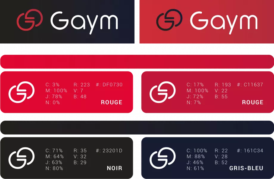 Déclinaisons du logo Gaym et identité visuelle créées par un graphiste freelance à Paris spécialisé en branding et direction artistique digitale