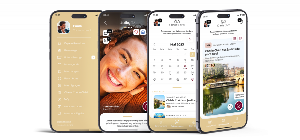 Maquettes UX UI d’une application mobile de rencontres premium conçue par un designer mobile freelance à Paris en Île-de-France