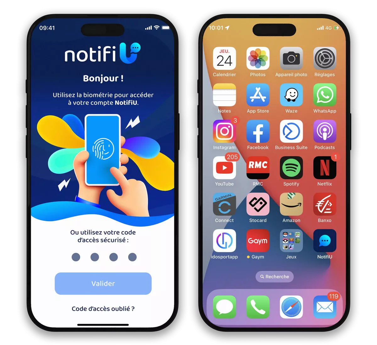 Création complète d'une application mobile iOS avec logo, UX UI et identité graphique réalisée par un graphiste freelance à Paris, en Île-de-France et partout en France