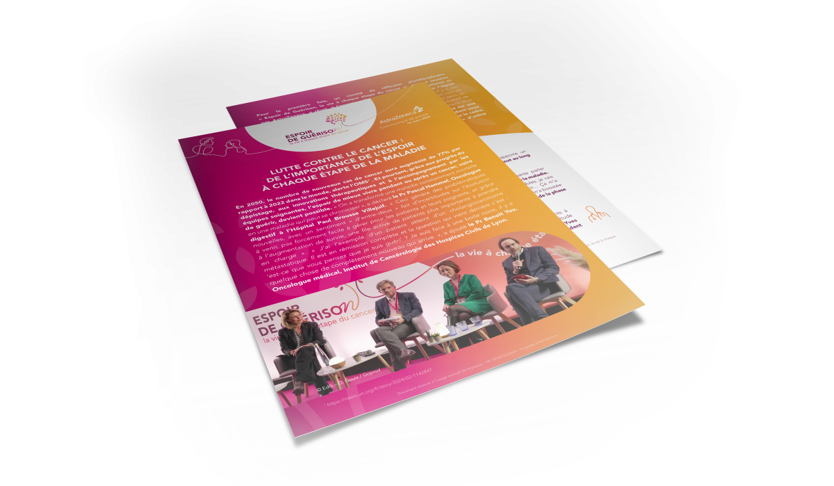Création d’un communiqué de presse AstraZeneca sur le cancer avec couverture éditoriale et design graphique réalisé par un graphiste freelance à Paris, Île-de-France