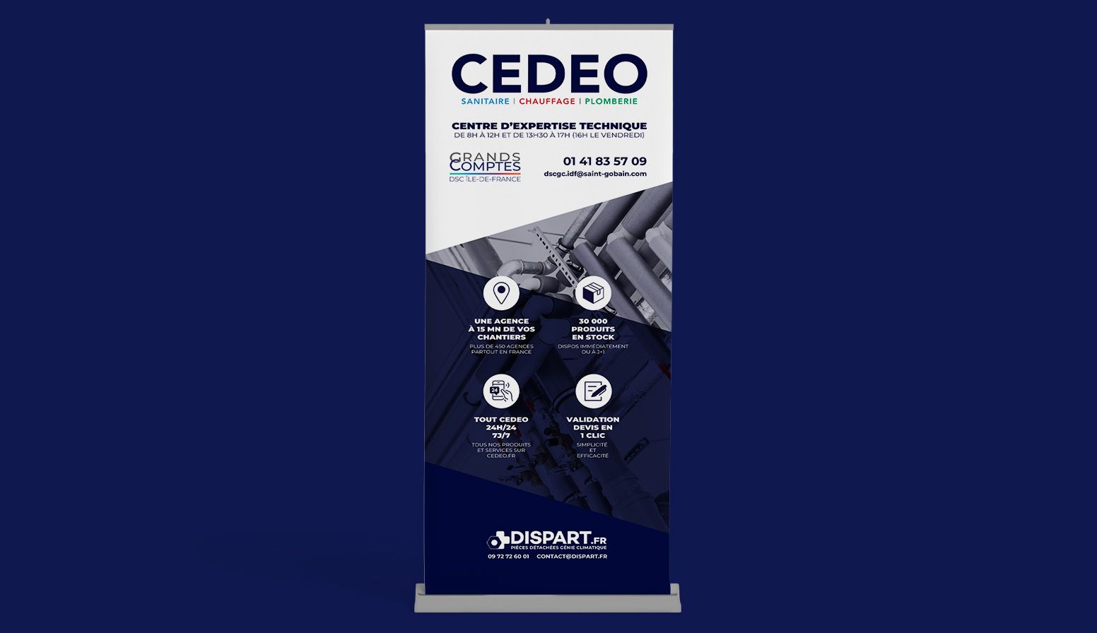 Kakémono professionnel CEDEO conçu par un graphiste freelance en Île-de-France, support de communication grand format pour salon professionnel et événement B2B