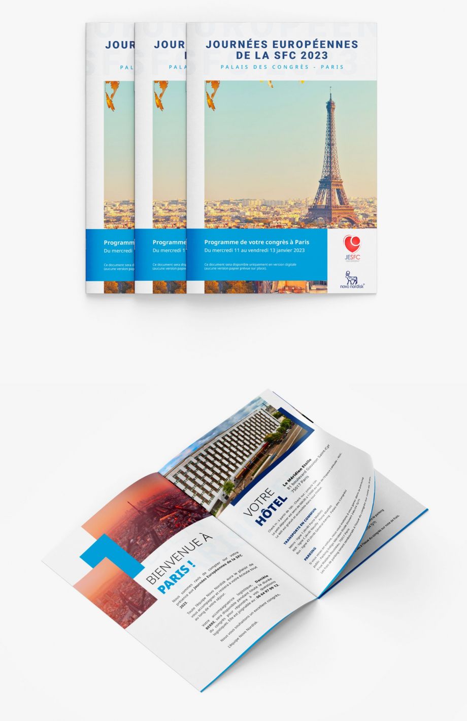 Couverture et pages d’accueil d’un carnet de voyage créé pour un congrès médical Novo Nordisk au Palais des Congrès de Paris par un graphiste freelance spécialisé en mise en page éditoriale en Île-de-France.