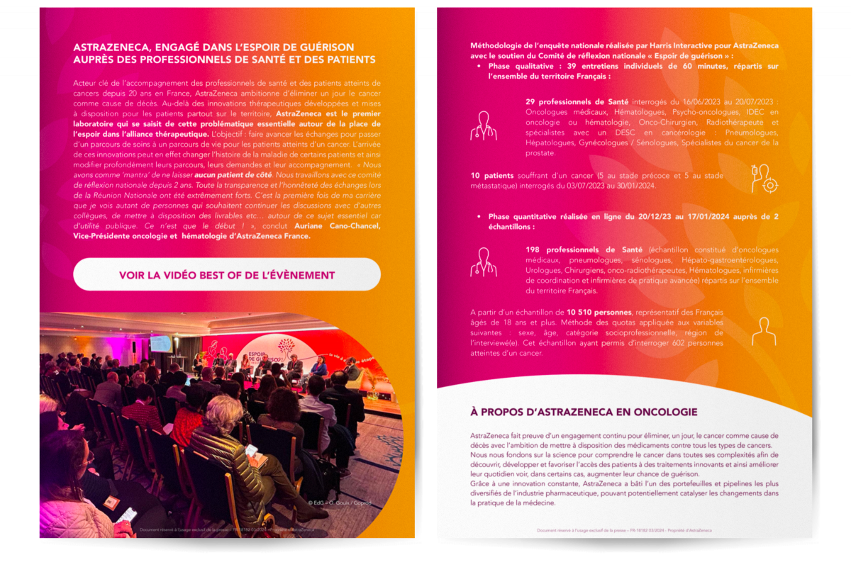 Création d’un communiqué de presse institutionnel AstraZeneca avec mise en page professionnelle réalisée par un graphiste en communication santé à Paris