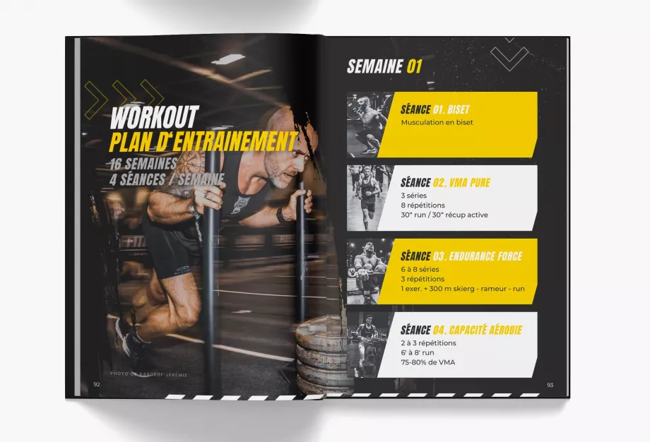 Création graphique de programme d’entraînement sportif réalisée à Paris, mise en page professionnelle de livre de coaching sportif