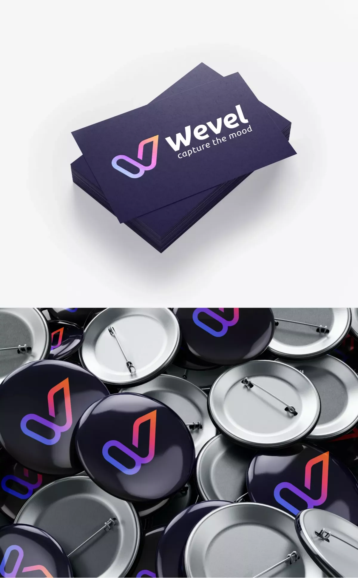 Cartes de visite et badges branding Wevel application soirée design graphique Paris Ile-de-France France