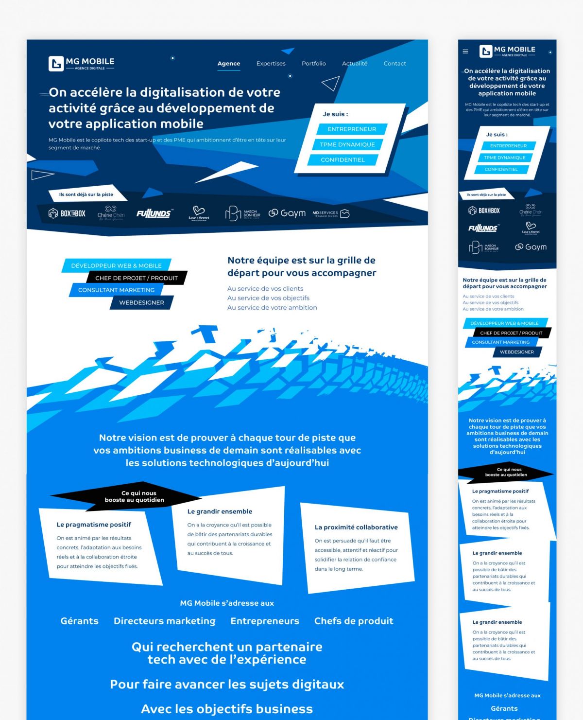 Maquette complète du site web responsive MG Mobile conçue par un designer UX UI à Paris spécialisé dans la création de sites internet professionnels