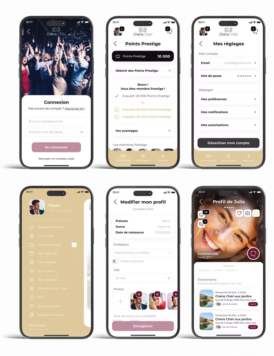 Design UX UI d’un espace membre mobile avec profil utilisateur et paramètres conçu pour une application mobile à Paris en France