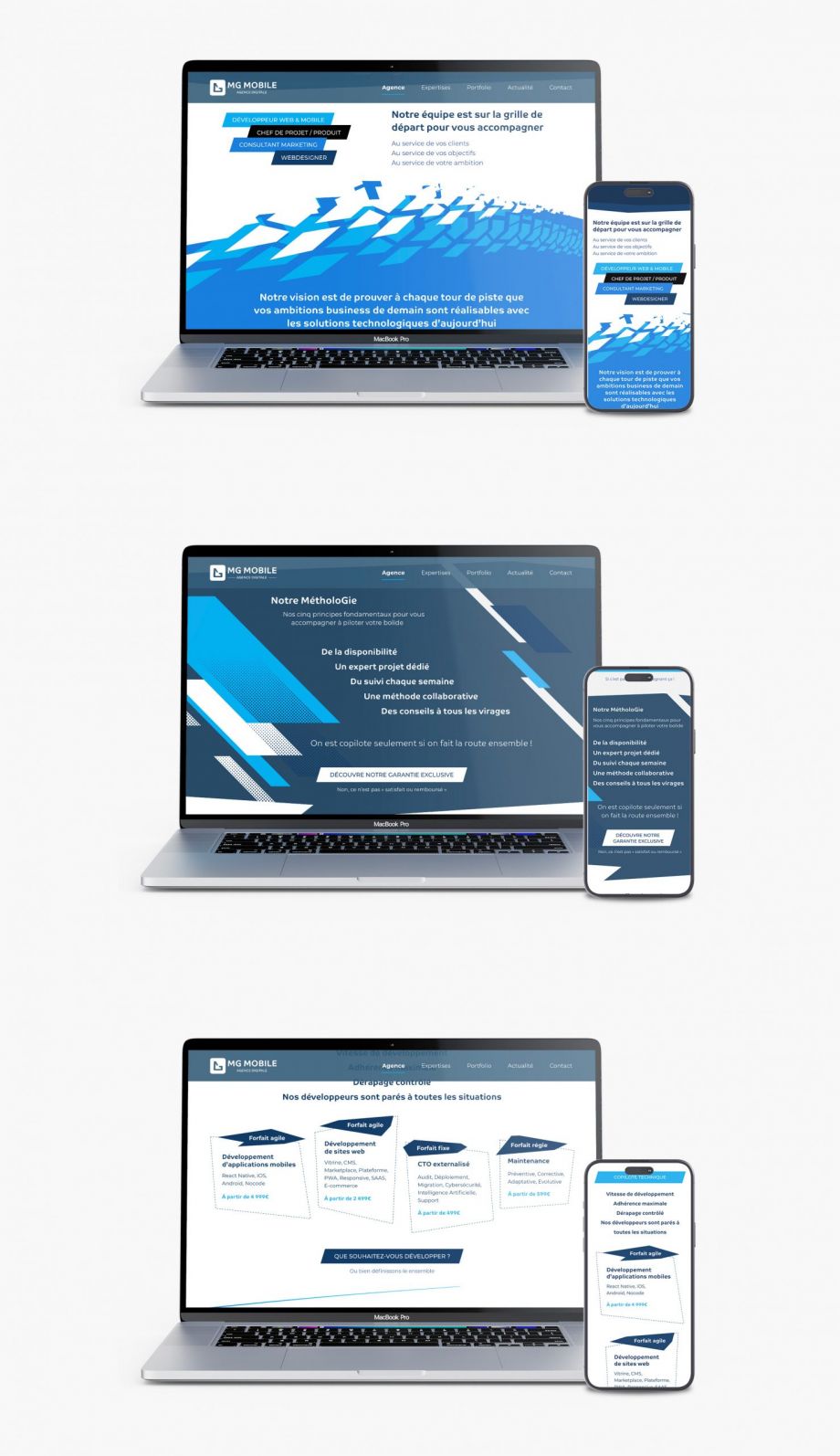 Refonte responsive du site internet MG Mobile affichée sur ordinateur et smartphone réalisée par un webdesigner freelance à Paris en Île-de-France