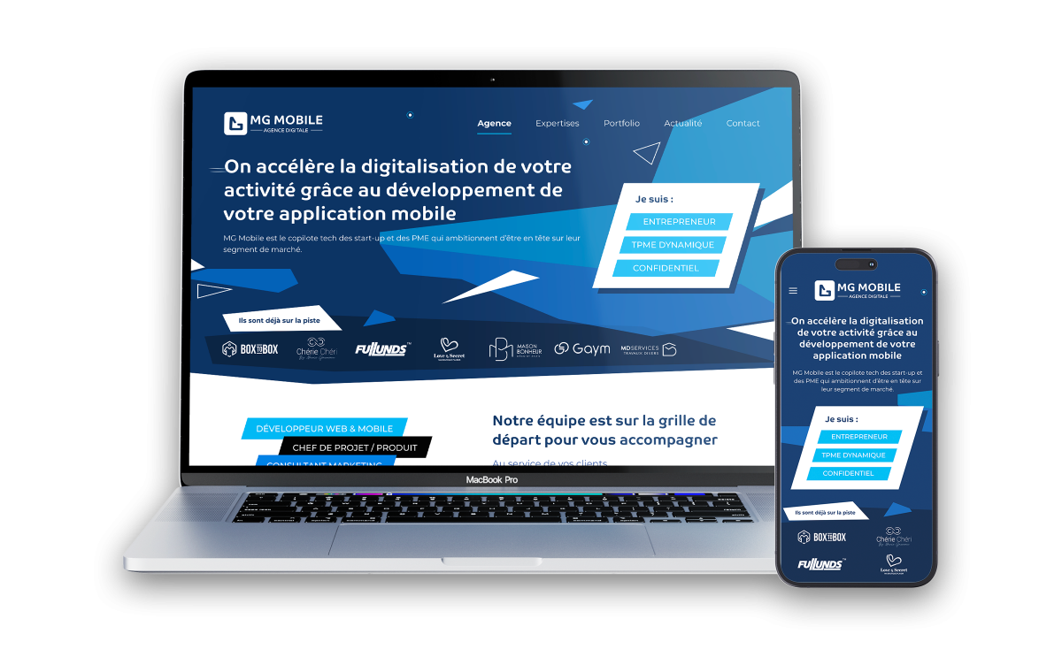 Refonte responsive du site internet MG Mobile affichée sur ordinateur et smartphone réalisée par un webdesigner freelance à Paris en Île-de-France