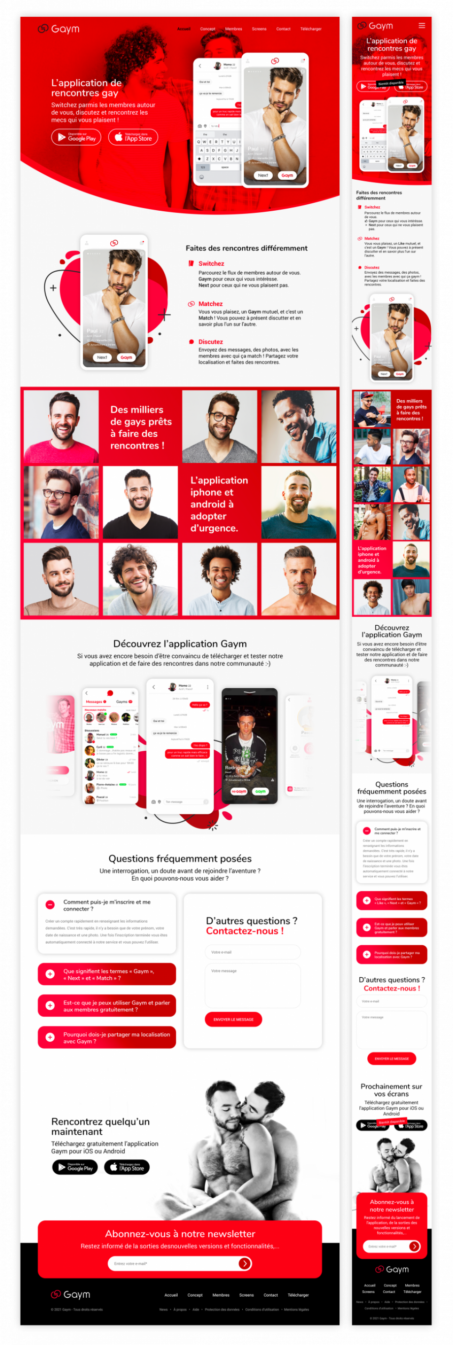 Création de la page d’accueil responsive du site internet de l’application de rencontre Gaym réalisée par un webdesigner freelance à Paris en Île-de-France spécialisé en UX UI design et création de sites web