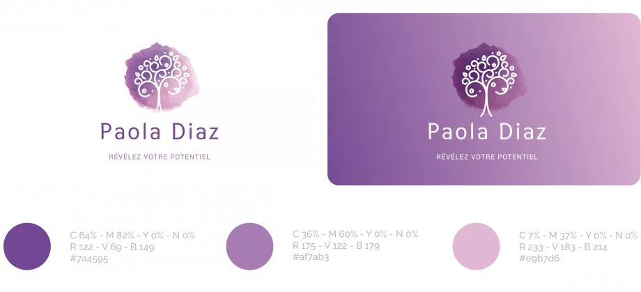Palette couleur identité visuelle hypnothérapeute violet rose branding bien-être Paris Ile-de-France France