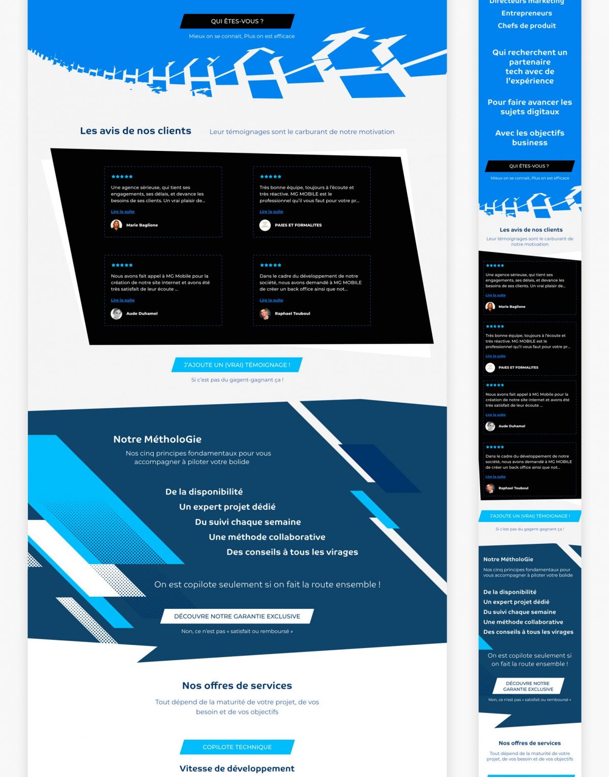 Maquette complète du site web responsive MG Mobile conçue par un designer UX UI à Paris spécialisé dans la création de sites internet professionnels