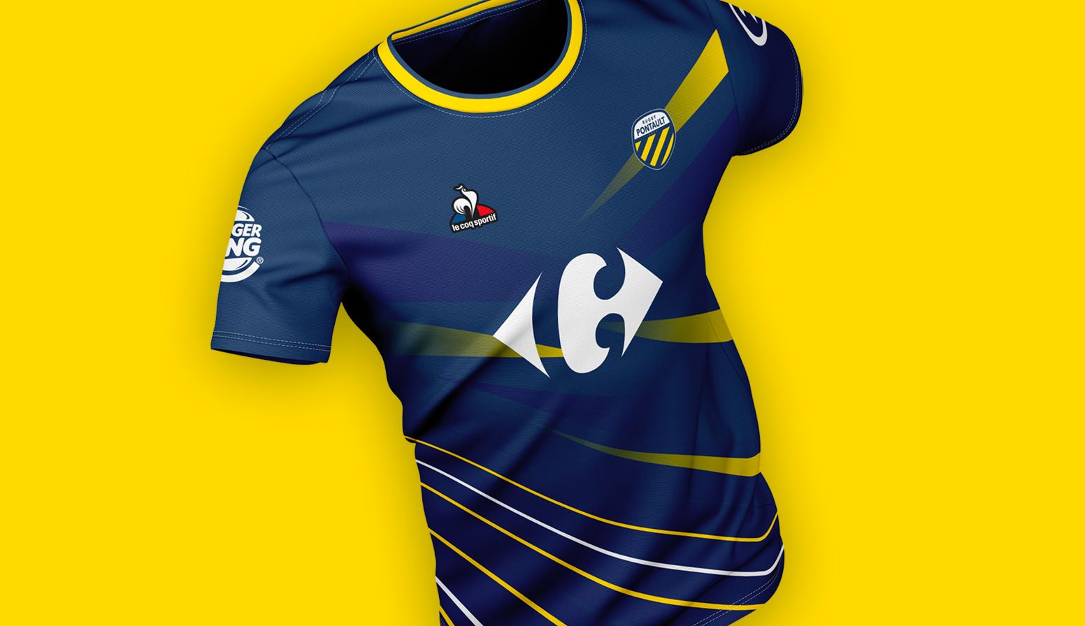 Mockup de logo du Rugby Club de Pontault-Combault appliqué sur un maillot sportif bleu, création graphique réalisée en Île-de-France