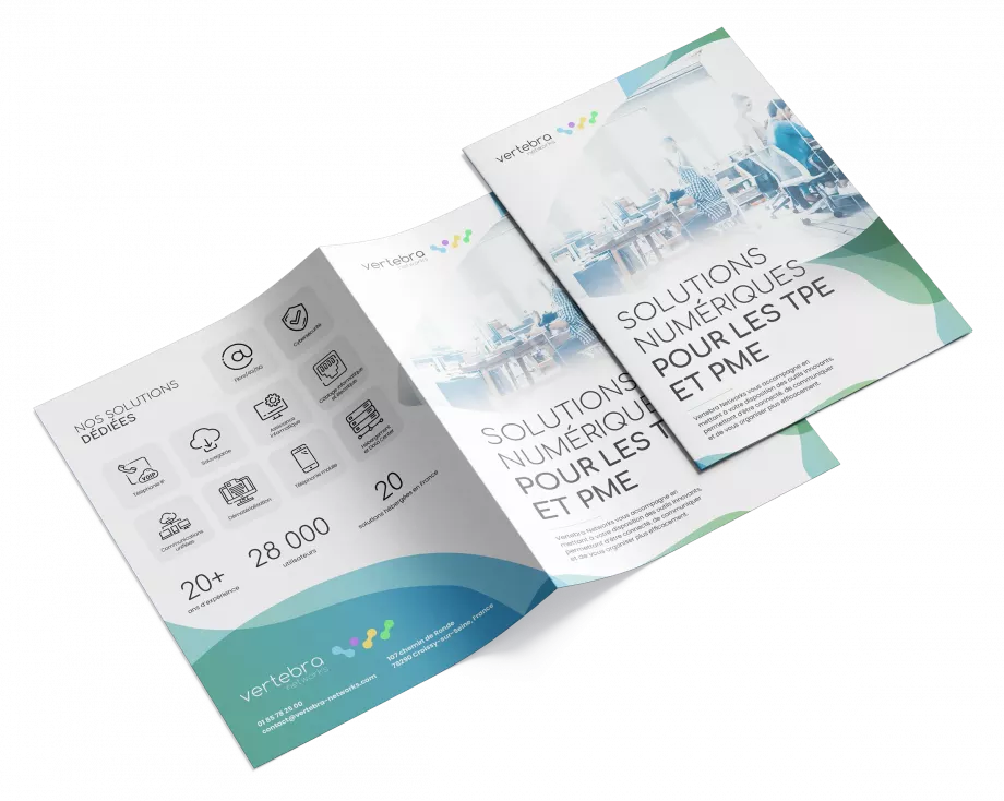 Création d'une plaquette commerciale A4 quatre pages pour Vertebra Networks réalisée par un graphiste freelance à Paris, en Île-de-France et partout en France
