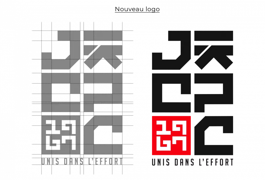 Construction du logo JCPC sur grille graphique réalisée par un designer graphique à Paris spécialisé en création de logo et identité visuelle sportive